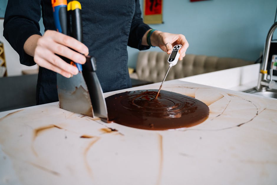 Chocolat travaillé sur un plan en marbre avec spatule coudée