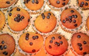 Muffins aux pépites de chocolat posés sur une grille de refroidissement