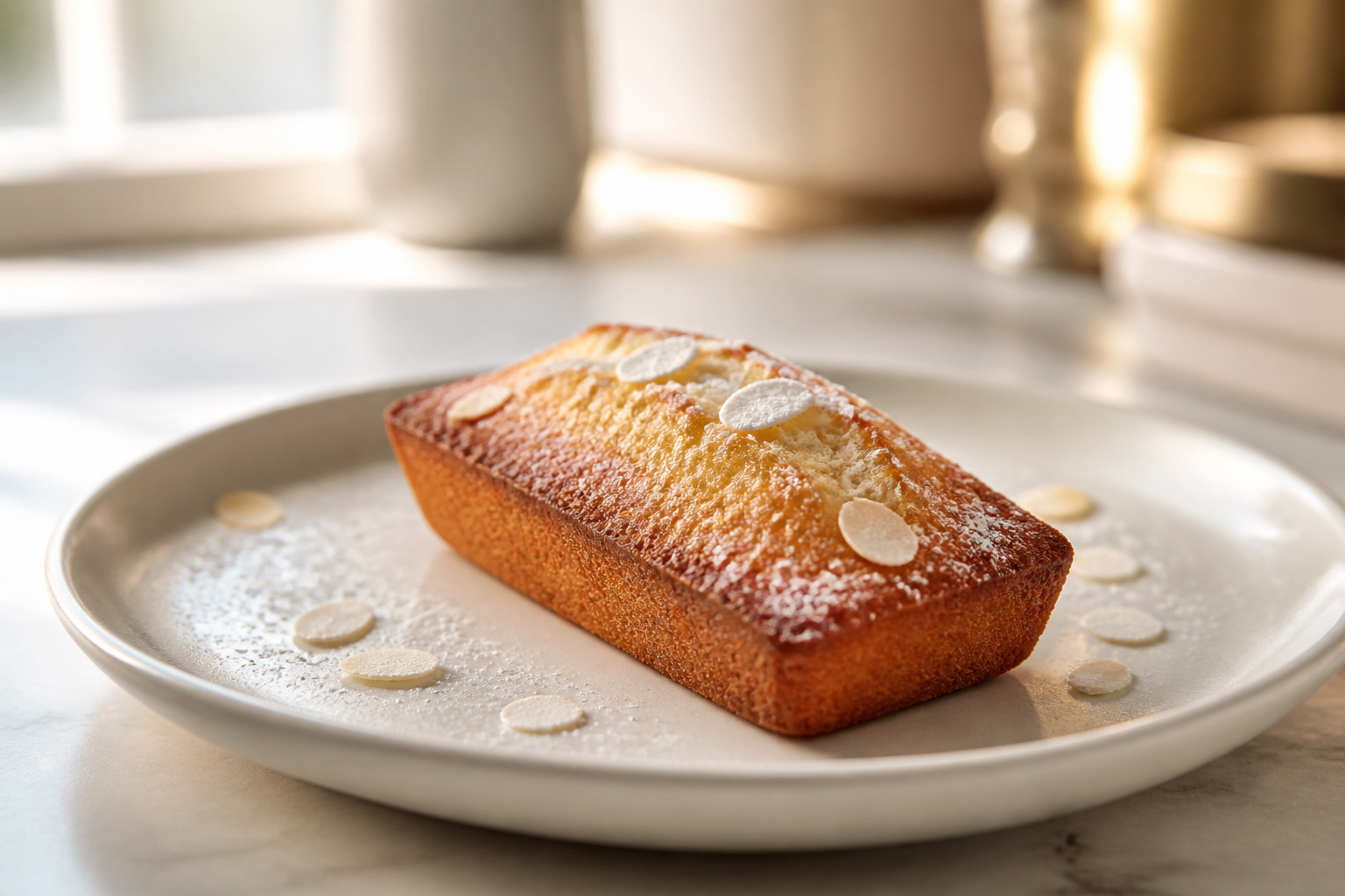Financier dore aux amandes sur assiette minimaliste