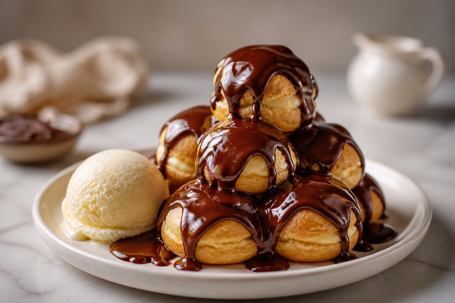Profiteroles au chocolat et glace vanille