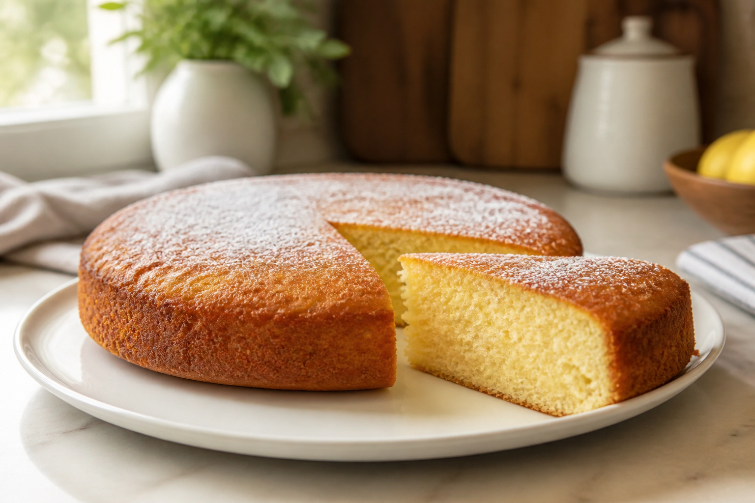 Gateau au yaourt dore saupoudre de sucre glace
