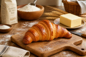 Croissant dore et feuillete fraichement sorti du four