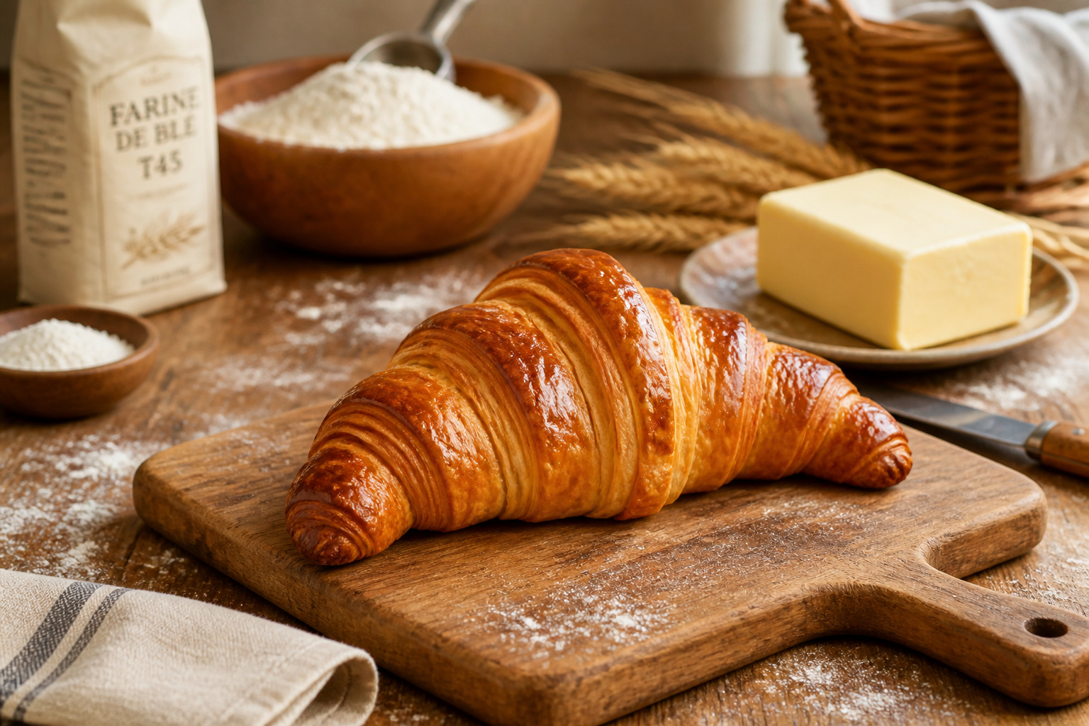 Croissant dore et feuillete fraichement sorti du four